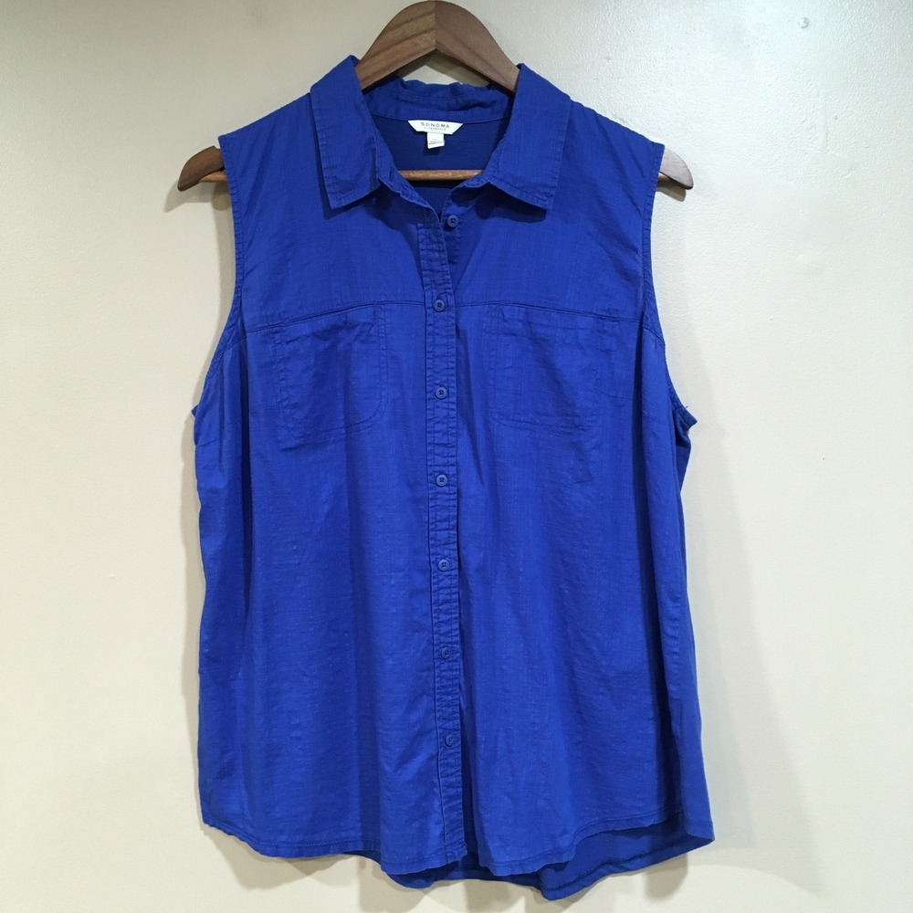 Sonoma Sleeveless Button Down Shirt Womens XL Blue Coastal Casual Classic Airy